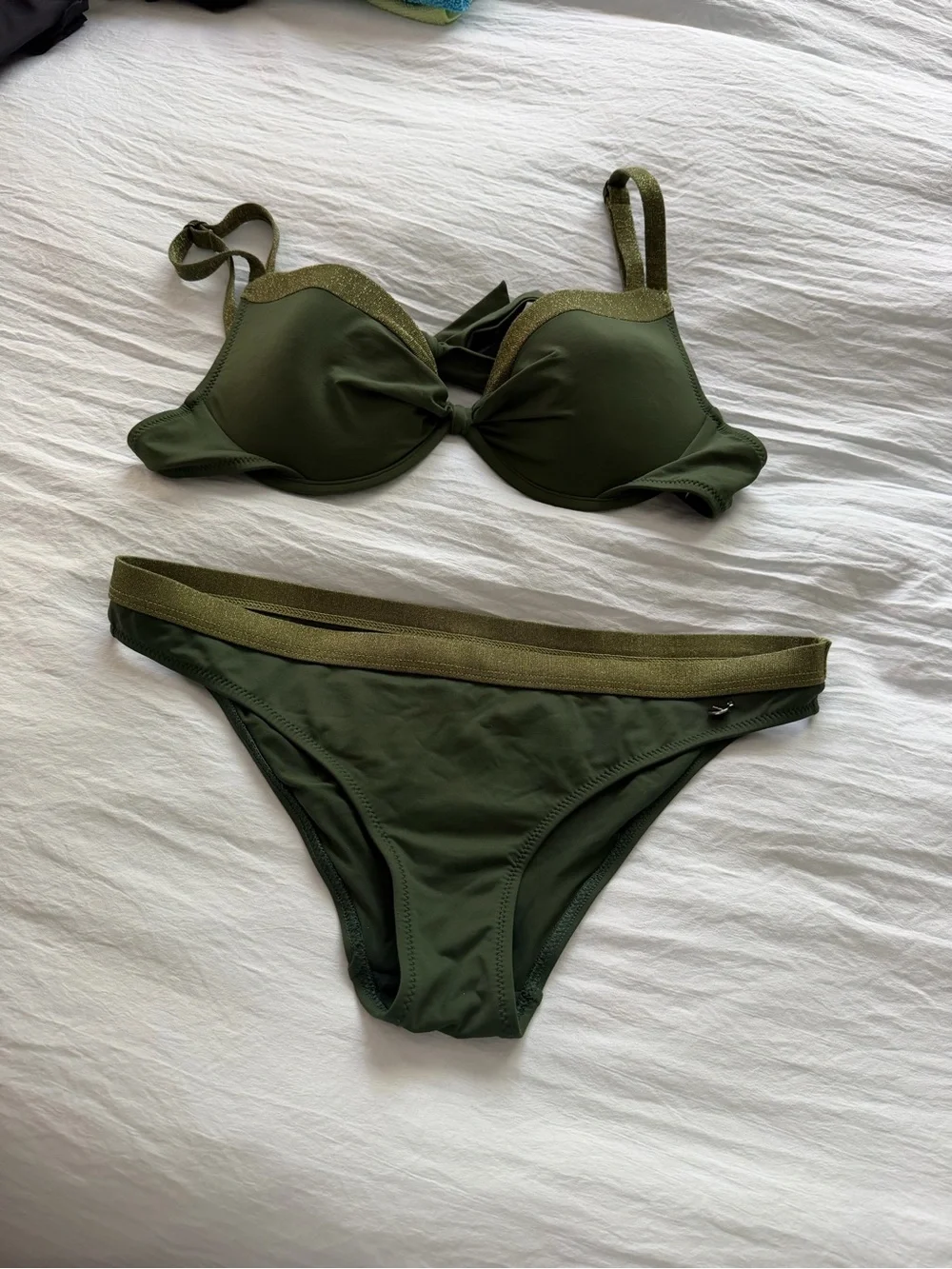 Olive Green Women’s Bikini Set with Metallic Trim S / 34c
